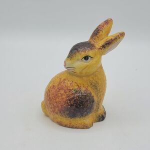 Ceramic Bunny Figurine Yellow Brown Rabbit Judgy Side Eye Glazed 70s Vintage